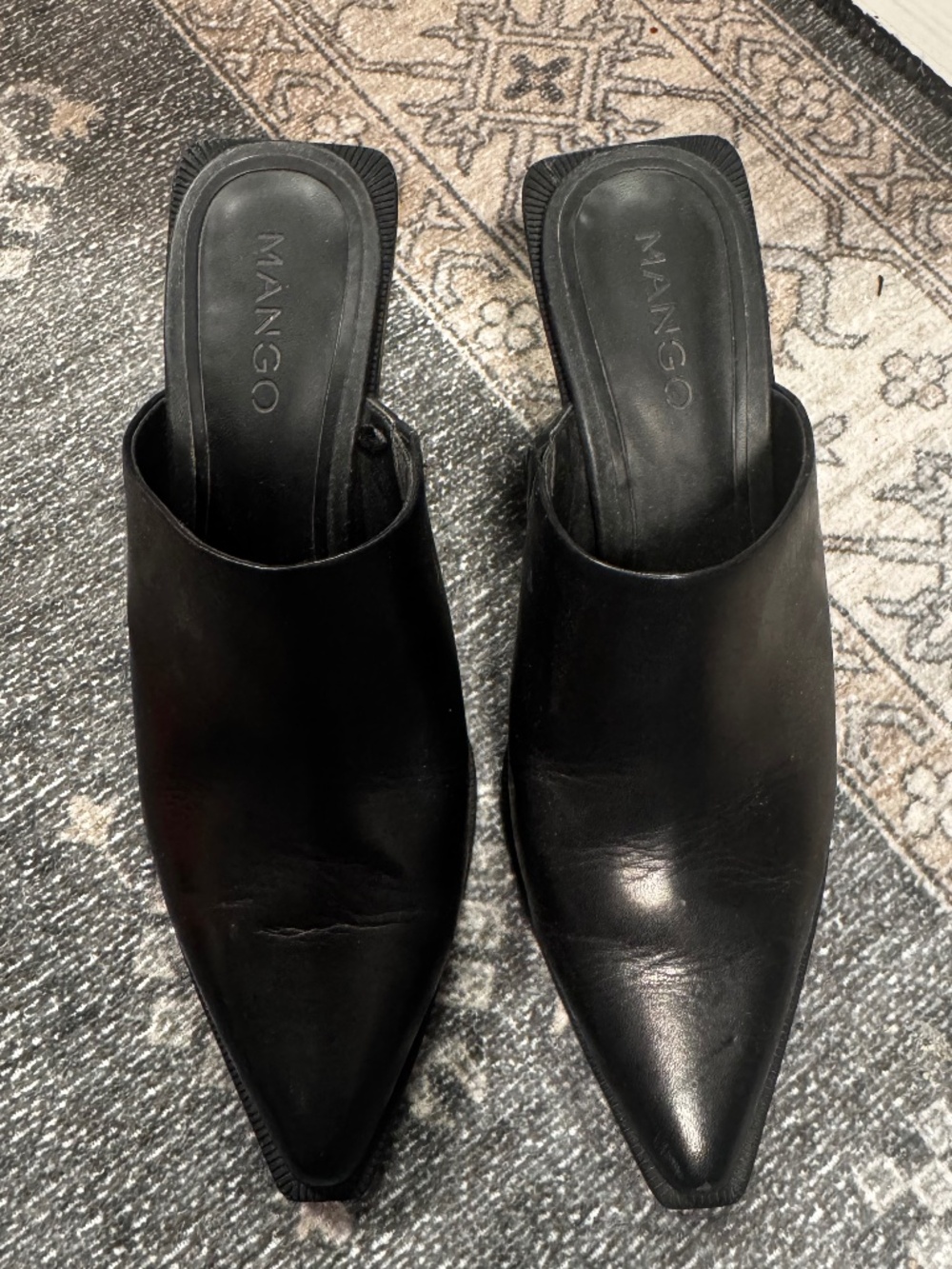 MANGO | Black Leather Pointed Toe Mules | Size 37